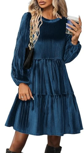 Zeagoo Damen Kleider Langarm Elegant Samtkleid Rundhals Rüschen A Linie Hohe Taille Freizeitkleider Winterkleid mit Taschen Navy Blau S