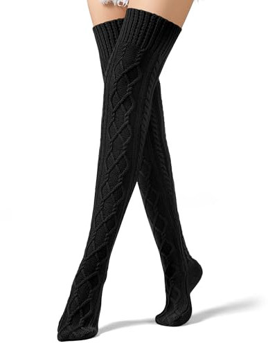 VIBILIA Damen Oberschenkelhohe Socken Zopfmuster Winter Stiefelsocken über dem Knie extra lange Beinstulpen, Schwarz, Einheitsgröße