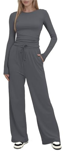SotRong Womens 2 Piece Loungewear Set Long Sleeve Crop Top & Wide Leg Pants Comfy Casual Drawstring Leisure Outfit Cozy Cotton Pyjama Set for Home Yoga Travel Light Grey L