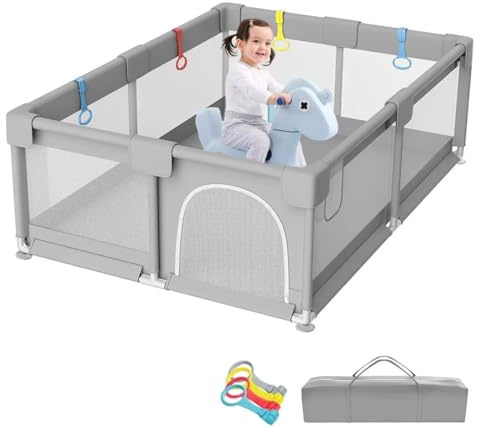 Laufstall Baby, 127x127cm, Laufgitter Baby mit Atmungsaktivem Netz, Baby Laufstall mit Saugnäpfen, Große Sicherheitsspielplatz mit 4 Trainingsschlaufen