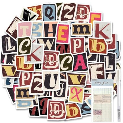 NVGVUP 104 Pcs Vintage Letter Stickers, Self Adhesive Waterproof Vinyl, Decorative Stickers for DIY Scrapbook, Travel Case, Sign, Mailboxes, Art Crafts, with Glue Pen and Scrapbook Paper