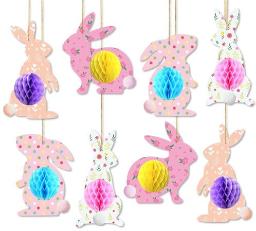 CutitiUU 8 Stück Ostern Bienenwabe zum Aufhängen, Osterhasen-Dekorationen, Osterdeko Wabenball Papier Ostereier zum Aufhängen Hase mit 3D-Wabenpapier für Oster,Deko Frühling,Party Deko