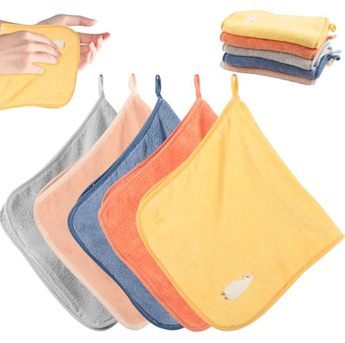 TIVUNORON 5Pcs Kinderhandtuch Klein 25x50 cm, Kinder Waschlappen Set, Absorbierende Handtücher für Kinder, Cartoon Besticktes Handtuch-Set, 5 Bunt Designs, Weich Kinder Handtücher für Gesicht Hände