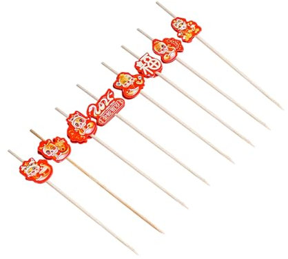 Lot de 100 cure-dents à cocktail du Nouvel An chinois, pour fruits, desserts, aliments, sandwichs, boissons, viande, brochettes de fruits, fournitures de fête en bois (rouge, 12 cm)