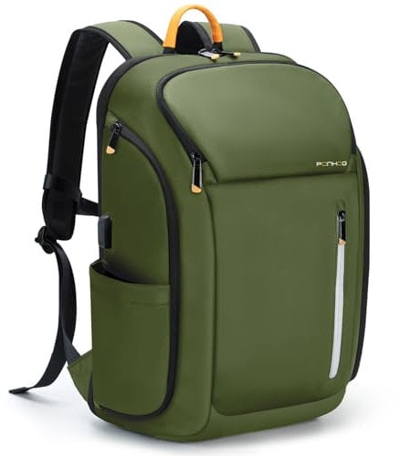 Ponhog Mens Backpack - 30L Large Capacity Laptop Rucksack for Men, 17.3 Inch Anti-Theft Business Bag with USB Port & Multiple Pockets, Durable 900D Nylon for Work/Travel/College, Green