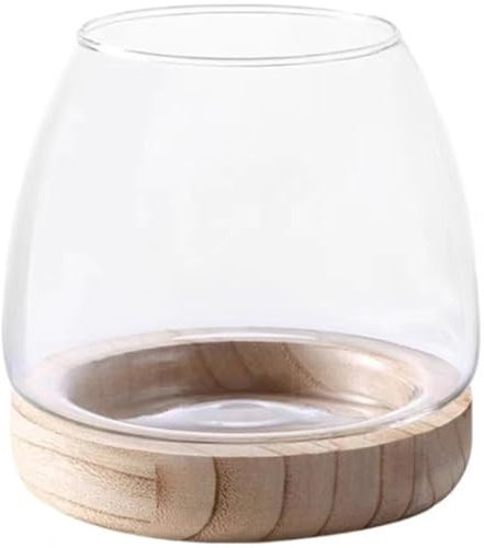Tazón de terrario de Vidrio 4x6 con Base de Madera, Maceta hidropónica Minimalista para decoración de Escritorio