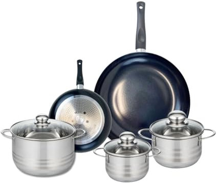 ELO 9730050 Batterie de cuisine 5 pièces, Ensemble de 2 Poêles de cuisson 20 et 32 cm et 3 faitouts 14, 16 et 20 cm Elo Prima Brillant, inox, induction