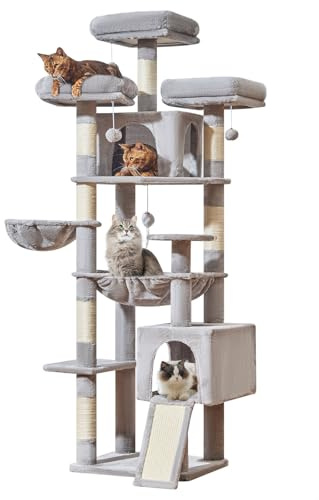 Taoqimiao Cat Tree, 193 CM Tall cat tower Cat Tree for Indoor Cats | floor to ceiling cat tree with 7 Sisal Scratching Posts, 3 Top Perches ,Cozy Condos, Metal Hammock, Light Grey MS047W