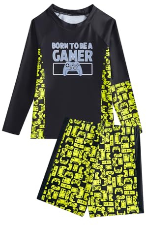 JiAmy Boys Swimming Costume 2 Piece Swim Set Gaming Boy's Long Sleeve UV Rash Guard Shirts with Swim Trunks Swimsuit for Kids 13 Years, Yellow