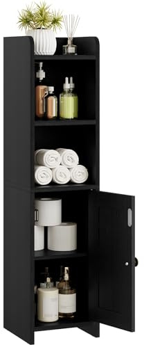 RRX Kleiner Badezimmer-Aufbewahrungsschrank, freistehender Badezimmer-Organizer für kleine Räume, schmaler Toilettenpapier-Eckboden mit Tür und Regalen, Schwarz