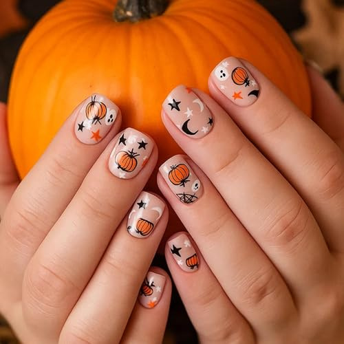 Halloween Press On Nails, 10 Short Square Ghost And Spiderweb False Nails | Translucent Nude-Pink Base, Orange, Black And White Pumpkin, Moon, Star And Bat Artwork, For Manicures And Autumn Parties