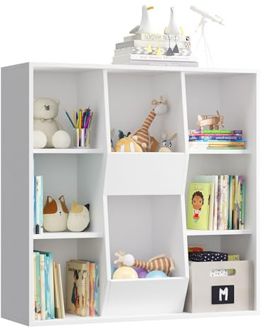 KEEPREAPER Bücherregal Kinder, Kinderregal mit 8 Offenes Fach Spielzeugregal aus Holz Kinderzimmer Regal für Spielzeug und Bücher Aufbewahrung 90 x 30 x 90cm (Weiß)