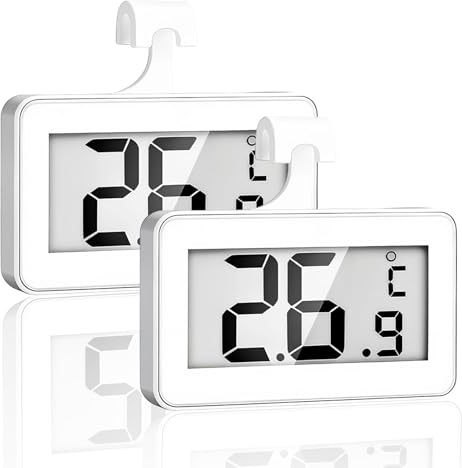 2 Pcs Fridge Temperature Thermometer, Fridge Thermometer Digital | Refrigerator Thermometer with Hanging Hook and Retractable Stand, Waterproof Fridge Freezer Thermometer with LCD Display