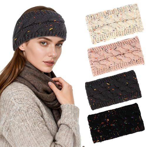 KEUKORZ 4 Pcs Ear Warmers Headband - Thick Chunky Crochet Knitted Winter Turban Hairbands for Women and Girls (4 Colors)