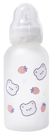 CutiePlusU Biberon pour Adulte en Verre 300 ml avec Paille - Tétine en Silicone & Capuchon de Protection - Sans BPA - Motif Mignon-Strawberry Bear