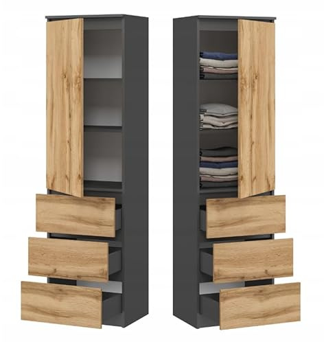 BDW - Kleiderschrank mit Schubladen - Schrank mit 3 Schubladen, Regalen - Garderobenschrank 50 cm breit, 180.5 cm hoch, 40 cm tief - Schlafzimmer, Kinderzimmer, Wäscheschrank - Graphit/Eiche Wotan