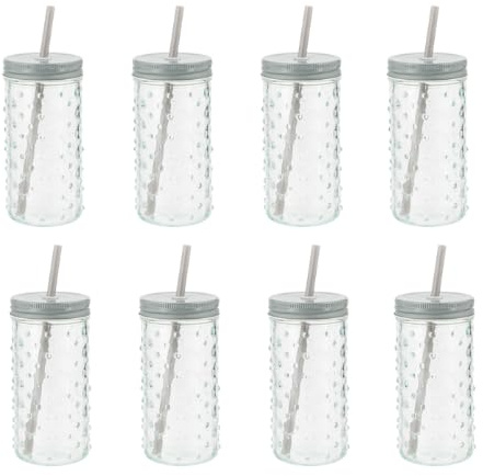 FabFinds Bubble Mason Glass Jars with Lids Cocktail Glasses with Reusable Straw 16ozX8 (Grey)
