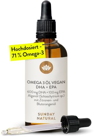 SUNDAY NATURAL® Omega 3 Vegan Hochdosiert – 5.000mg Algenöl davon 3.575mg Omega 3 (DHA, EPA & DPA) – 100ml – Laborgeprüft – Pipette – Braun-Glas (Blutorange & Zitrone)