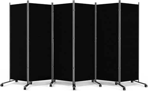 WELDUN Raumteiler mit Rädern 6 teilig 335 cm x 183 cm Paravent Trennwand | Klappbar Sichtschutz Raumtrenner beweglich, Schwarz