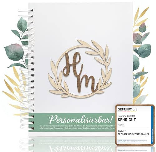 TWIVEE - Der große Hochzeitsplaner - Wedding Planner - deutsch - über 200 Seiten - Organizer mit Kalender - Buch zur Hochzeit - Tolles Geschenk zur Verlobung - Personalisiert - Initialien - Holz