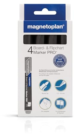 magnetoplan 1228112 Board- und Flipchartmarker, 4 Stück, schwarz | Multimarker zum Beschreiben von Papier, als Whiteboard Stifte + Flipchartmarker | Mit Rundspitze, trocken abwischbar