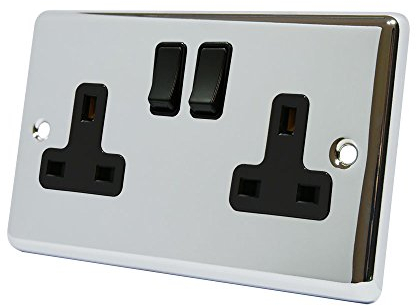 AET CPC2GSOCBL Polished Chrome Classical 2 Gang Black Insert Plastic Rocker Switches-13 Amp Double Plug Socket