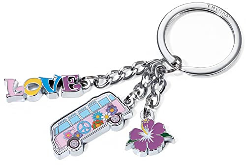 Troika VW-Nostalgie-Schlüsselanhänger CALIFORNIA T1 – 3 Charms: VW Bulli, Blume, Love–Schriftzug – Official licensed by Volkswagen – Metallguss/Emaille – glänzend Original