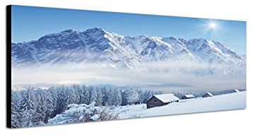 Wandbild auf Leinwand als Panorama in 150x50cm Winterlandschaft Berge Wald Häuser Schnee
