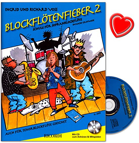 Blockflötenfieber Band 2 - Schule für Sopranblockflöte von Richard Voss mit CD, Online-Audio und bunter herzförmiger Notenklammer