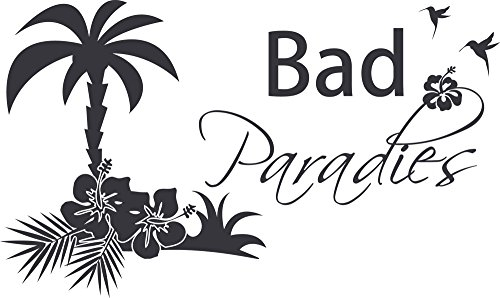 Wandtattoo Badezimmer Sprüche Paradies mit Palme Wandtattoos Aufkleber Bad Deko, Wandsticker selbstklebend für Fliesen und Wand, Türaufkleber, 50x30cm, 073 dunkelgrau
