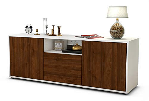 Stil.Zeit TV Schrank Lowboard Andreana, Korpus Weiss matt, Front Holz Design Walnuss (135x49x35cm), Push to Open Technik