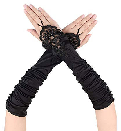 TANCUDER Audrey Hepburn Retro Opera Handschuhe - Schwarze Spitze, Lange Fingerlose Elastischer Spitze Satin Handschuhe für Frauen, Braut