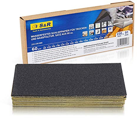 S&R Wasserfestes Schleifpapier Set 60 Stk, Schleifblätter Satz, Schmirgelpapier, Trocken- & Nasspolitur, Siliziumkarbid-Korn, 15 Körnungen P80 bis P3000, Profi Nassschleifpapier; Industrie-Qualität