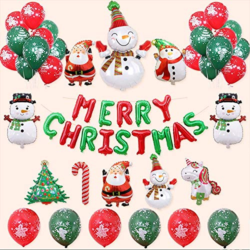 KAHEIGN Weihnachten Ballon Dekoration Kit, Merry Christmas Banner 10Pcs Weihnachtsmann Folienballon und 26Pcs Grün-Rote Weihnachtsballon Deko für Weihnachtsfeier Dekoration