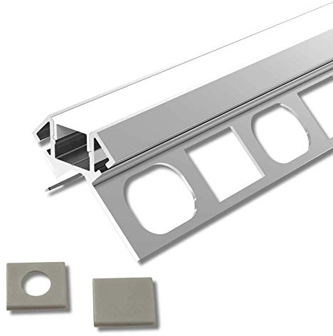 ARES (AR) Fliesen Eck Aluminium 3 x 2m eloxiert | Fliesen-Außeneckleiste für Led Streifen bis 1cm Breite | U-Profil Fliesenschiene + Acryl Abdeckung milchig weiß (opal) + Endkappen