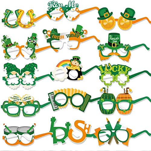 HOWAF 30 Stück St. Patricks Day Brillen Glücklich Irisch Kleeblatt Leprechaun Hut Papier Partybrille Foto Requisiten St Patricks Day Deko Kostüm St Patricks Day Accessories für Erwachsene Kinder