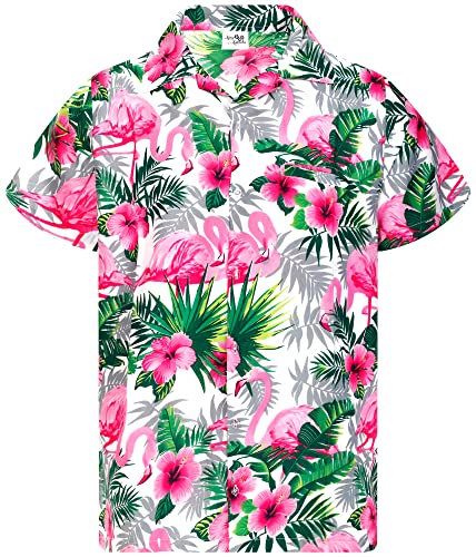 King Kameha Funky Chemise-Hawaienne, Manche-Courte, Flamingo-Flowers, Blanc-Rose, 3XL