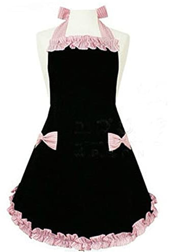 DNLKWGO Vintage-Baumwollschürze, Rüschen-Design, Seitendesign, Lätzchen, Kochschürze für Frauen, Kochen, Backen, Gartenarbeit, schwarz/pink, Einheitsgröße