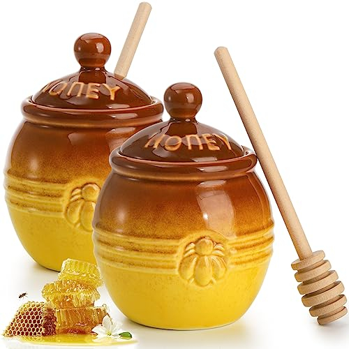 Hiceeden Set of 2 Ceramic Honey Pot with Wood Dipper and Lid, 11.8 Oz Yellow Honey Jar Bee Embossed Honey Storage Container for Kitchen, Decoration, Coffee/Tea Bar