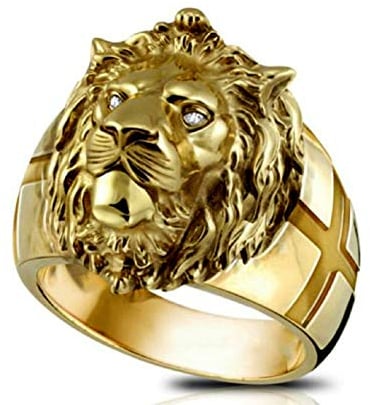 Gold Löwenkopf Ring für Männer, Nordischer Wikinger Löwen Ring mit Strass Kristallauge, Heavy Metal Rock Punk Stil Gothic Biker Cross Ring, Löwe Totem Amulett Ring, Punk Tier Löwe Schmuck(19.8)