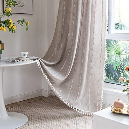 SASIGAYA Gardinen Boho Baumwolle Leine Verdunkelung Vorhang Vintage Quasten Landhausstil Vorhänge Khaki Durchscheinend Bestickte Vorhang für Modern Schlafzimmer Wohnzimmer H 240 × B 140 cm 2 Stück