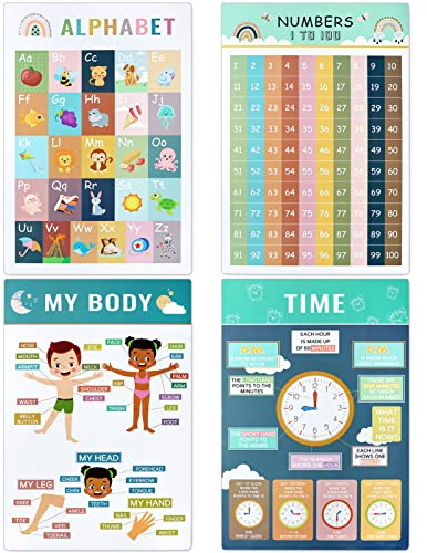 ICEBLUEOR 4 Stück pädagogische Poster, Wand-Lerndiagramm, Alphabet-Zahlen, Zeit und Körperlernen, Poster für Kleinkinder, Kindergarten, Vorschule, Familie, Früherziehung, Klassenzimmer-Dekoration