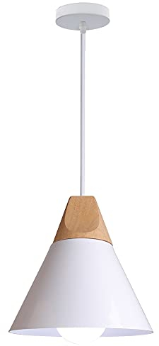 WOTTES Moderne Industrielle Hängelampe Holz Hängelampe mit Metallschirm Deckenleuchte E27 Für Wohnzimmer, Schlafzimmer und Esszimmer.