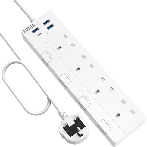 Extension Lead 3M with USB Slots, FDTEK 4 Way Surge Protected Extension Socket with Individual Switches 4 USB Ports, Multi Plug Extension Mountable Power Strip with 3M cable for Home Office…