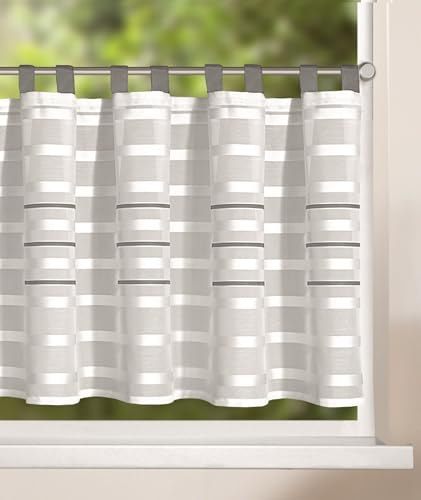 KAMACA Bistrogardine mit Schlaufen Panneau Scheibengardine Küchengardine Kurzstore transparent Küche Schlaufenpanneau Voile Spitze (HxB 50x140 cm Linea Silbergrau)
