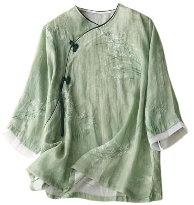 YM YOUMU Damen-Sommer-Bluse mit 3/4-Ärmeln, traditioneller Mandarinenkragen, ethnisch, Baumwolle, Leinen, Qipao-Hemd, E025 Hellgrün, Groß