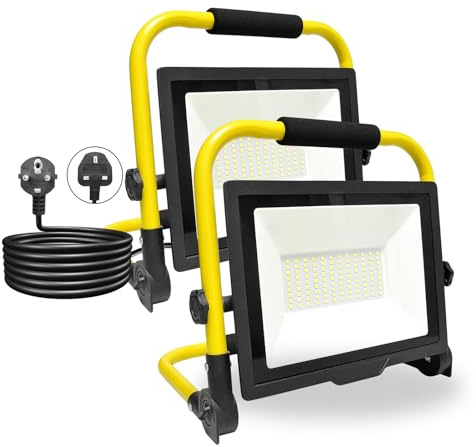 PICAA 2PCS 7500LM LED Work Light, Folding Job Site led Outdoor Flood Light | Plug in Portable Stand, for Car Repairing Home Workshop Garage, 6500K. with UK Plug