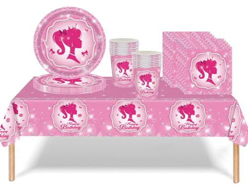 Barbie 53Pcs Hotpink Girls Birthday Decorations - Tablecloth, Plates, Cups, Napkins for Picnic Party Tableware