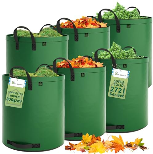 TTL Garden 6x 272L SUPER SOLID Gartensack grün - DOPPELTER BODEN 2x200 gsm extra stabil & reißfest selbststehend 4 Griffe groß robust 6er Set Laubsack Abfallsack für Gras Laub Hecke Gartenabfall