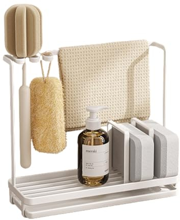 JJIW spülbecken Organizer weiß, Edelstahl Schwammhalter Küche mit Auffangschale, Caddy Organizer, Utensilien Korb für Küche, Spülorganizer Bürste Seifenschale Halter Spüle Küchen Organizer (Weiß)